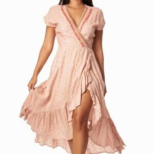 La Moda Light Pink Beaded Wrap Dress NWT L/XL